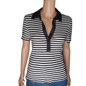 Bailey 44 Ribbed Striped Collared Knit Top Size L Black White Minimalist Preppy